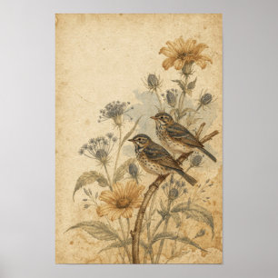 Affiche Œuvres d'art murales de pinsons parmi les fleurs d
