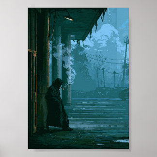 Affiche Officier Noir Pixel Art Rétro Fumant