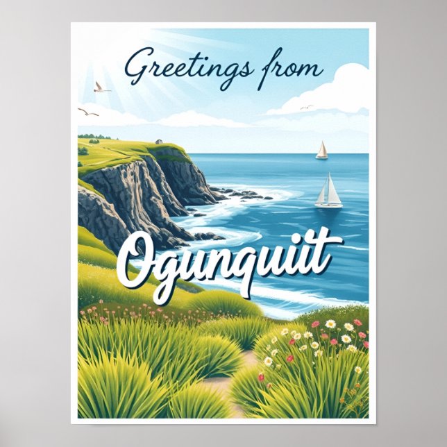 Affiche Ogunquit, Maine – Vues de Cliff Walk vintage (Devant)