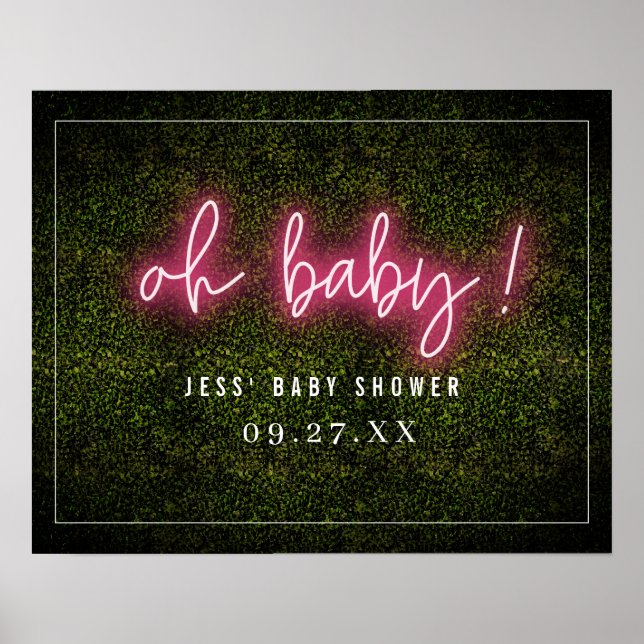 Affiche Oh Baby Baby shower en Boxwood rose Neon (Devant)