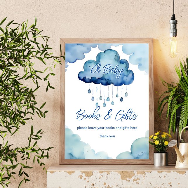 Affiche Oh Baby nuage baby shower livres et signes cadeaux (Oh Baby cloud baby shower books and gifts table sign cute blue whimsical cloud sign)