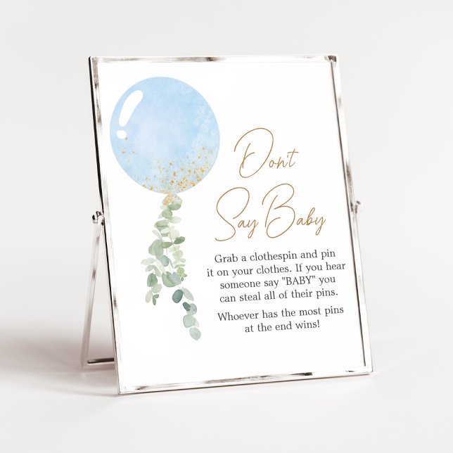 Affiche Oh, Baby shower de ballon ne dit pas bébé (Blue Balloon Eucalyptus Baby Shower Don't Say Baby Sign)