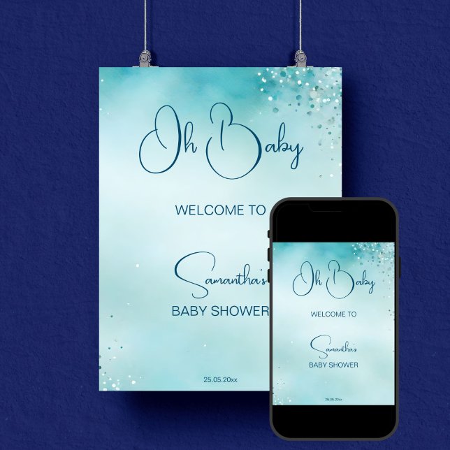 Affiche Oh bébé cyan aqua bleu baby shower accueil (Oh baby cyan aqua blue baby shower welcome sign poster editable template digital download simple )