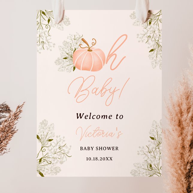 Affiche Oh Bébé rose citrouille baby shower floral fille (Oh Baby pink pumpkin floral girl baby shower Poster)
