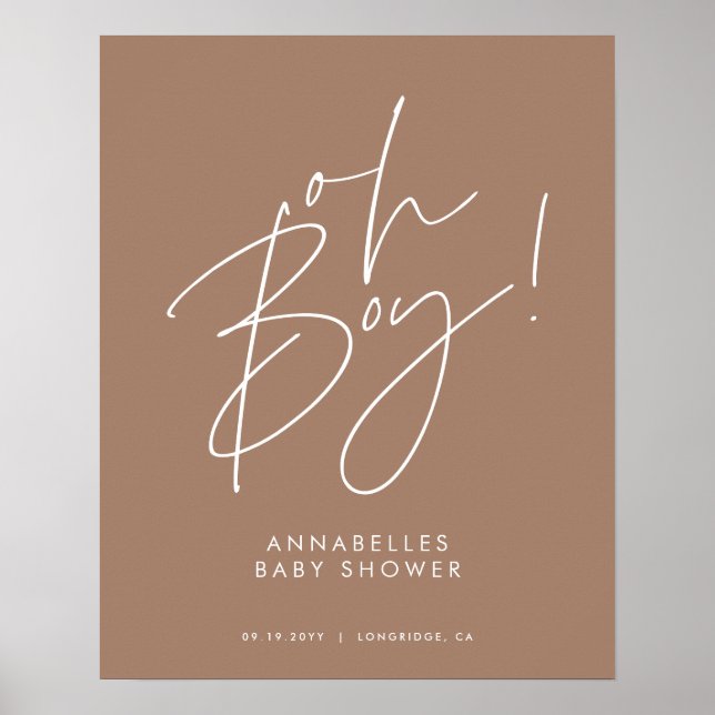 Affiche oh Boy baby shower script moderne brun élégant (Devant)