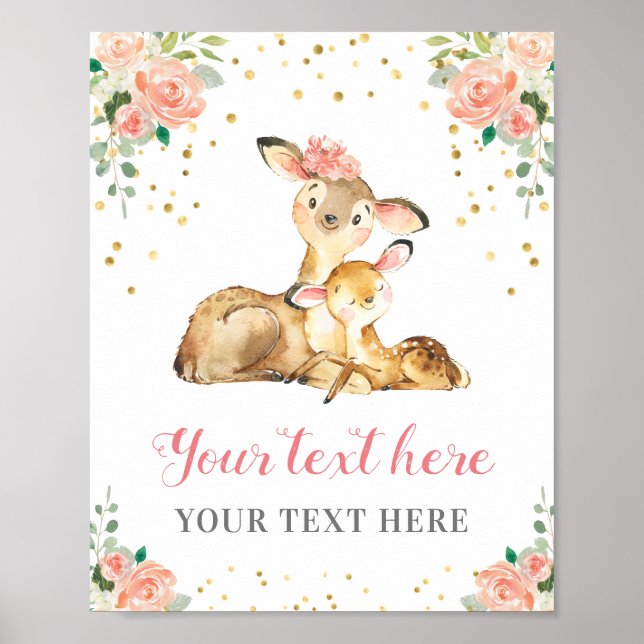 Affiche Oh Deer Woodland Baby Girl Shower Personnalisé pêc (Devant)