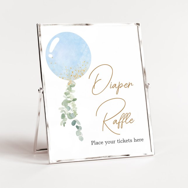 Affiche Oh garçon Baby shower de ballons Déchets Raffle (Blue Balloon Eucalyptus Baby Shower Diaper Raffle Sign)