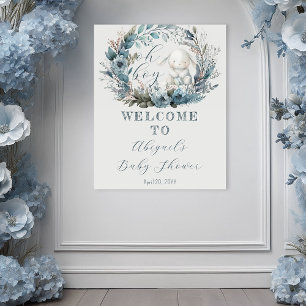 Affiche Oh Garçon Lapin Bleu Couronne Florale Baby Shower