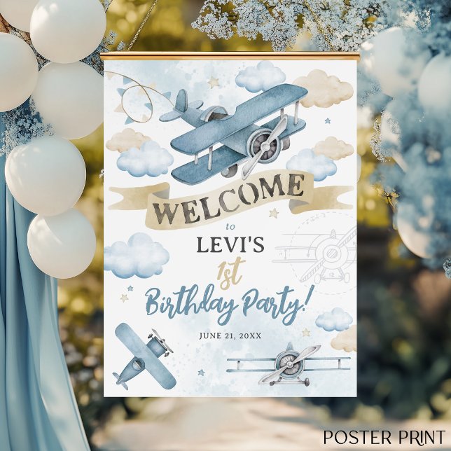 Affiche Oh How Time Flies Airplane Birthday Party Welcome (How Time Flies neutral watercolor blue plane airplane cute boy birthday party welcome sign poster)