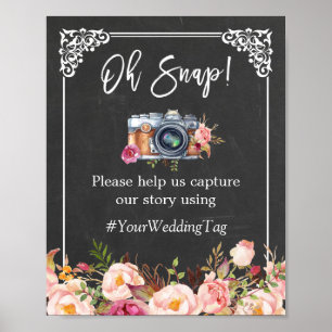 Affiche Oh Snap Camera Hashtag Chalkboard Floral Mariage