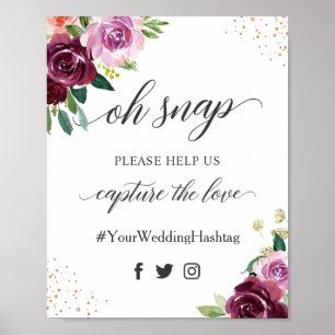 Affiche Oh Snap Hashtag Panneau de Mariage Fleur Fonce Vio