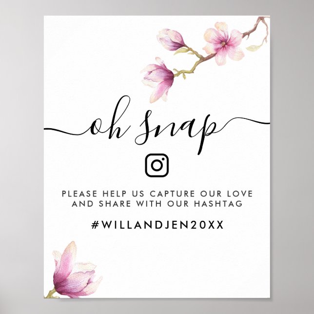 Affiche Oh Snap Mariage Hashtag | Aquarelle Magnolia (Devant)