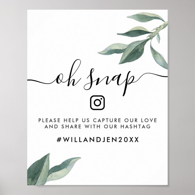 Affiche Oh Snap Mariage Hashtag | Feuilles aquarelles (Devant)