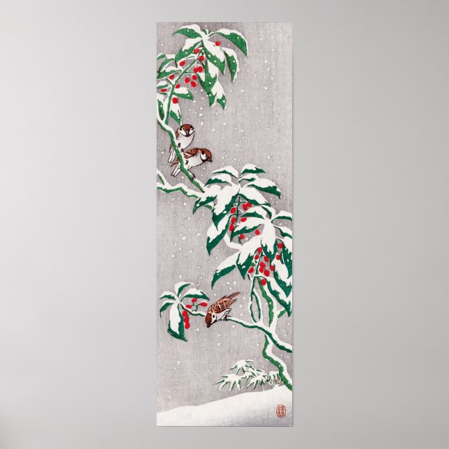 Affiche Ohara Koson Sparrows sur la baie de brousse (Devant)