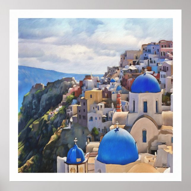 Affiche Oia, Santorin. Grèce. Peinture à l'huile. (Devant)