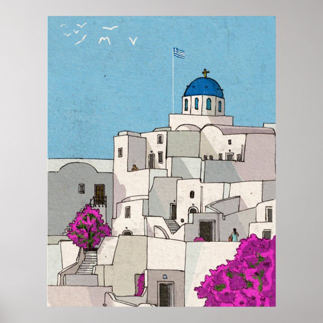 Affiche Oia Santorini Île Grèce Illustration lunaire (Devant)