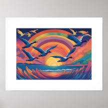 Oies au-dessus de la plage à Sunrise