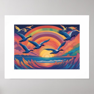 Affiche Oies au-dessus de la plage à Sunrise