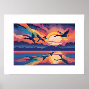 Affiche Oies au-dessus de l'eau au lever du soleil