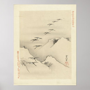Affiche Oies au-dessus des montagnes, peinture japonaise a