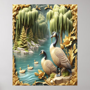 Affiche Oies du Canada au milieu des saules pleurs 16x20