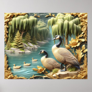 Affiche Oies du Canada au milieu des saules pleurs 20x16
