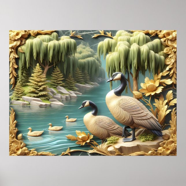 Affiche Oies du Canada au milieu des saules pleurs 24x18 (Devant)