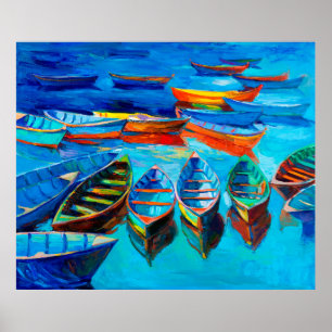 Affiche  oil painting of boats and sea on canvas. Sunset o