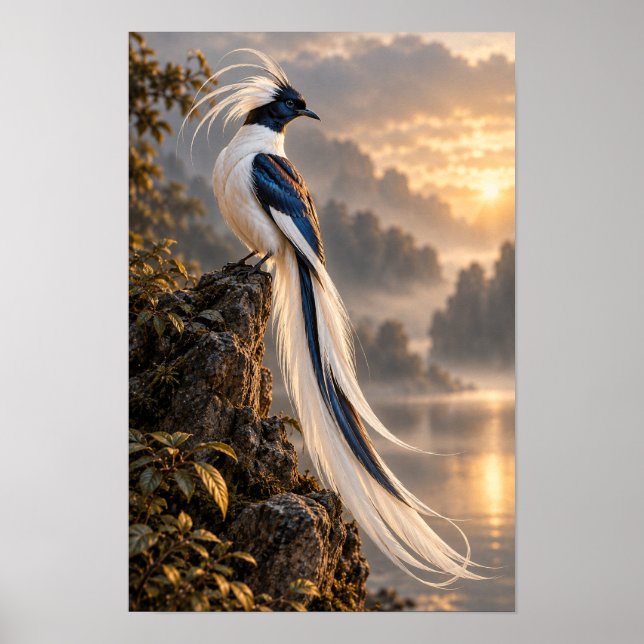 Affiche Oiseau à longue queue crêté au coucher de soleil d (Devant)