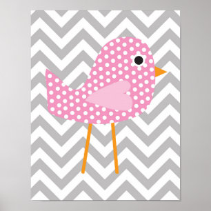 Affiche Oiseau à pois rose, chambre à coucher Chevron gris