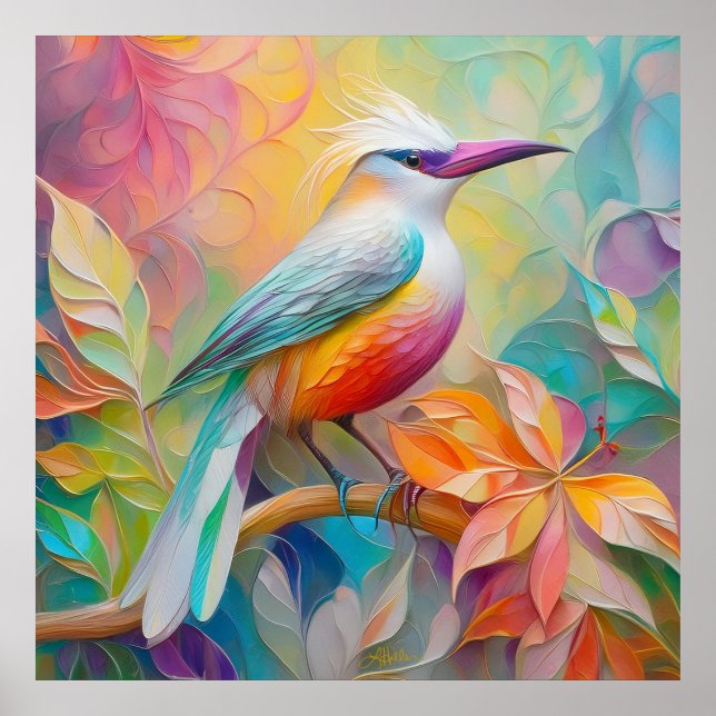 Affiche Oiseau à poitrine rouge à bec rose (Devant)