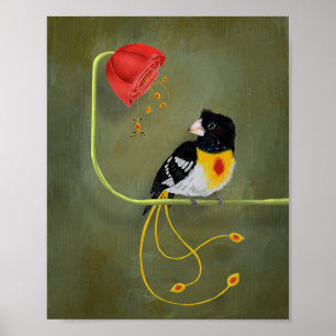 Affiche Oiseau à tache rouge et poitrine jaune avec araign