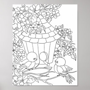 Affiche Oiseau Birdhouse fleurie art coloration adulte