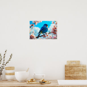 Affiche Oiseau bleu azur sur branche de fleurs de cerisier