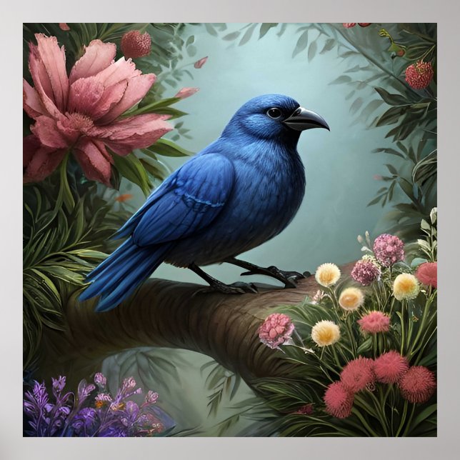 Affiche Oiseau bleu brillant perché sur une branche (Devant)