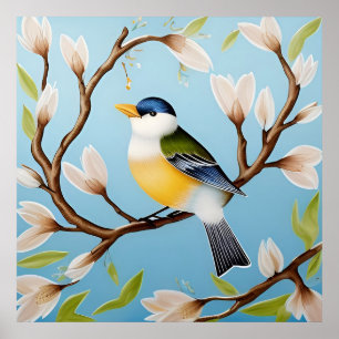 Affiche Oiseau bleu coloré perché sur une branche en fleur