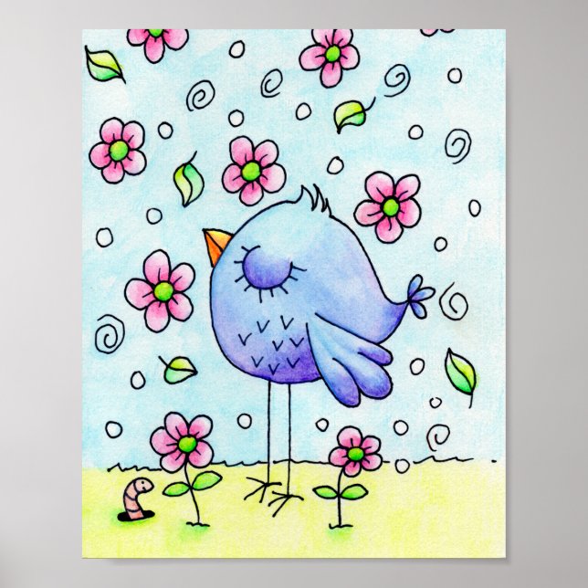 Affiche Oiseau Bleu Fantaisiste Et Fleurs (Devant)