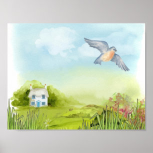 Affiche Oiseau bleu paisible et petite maison Paysage