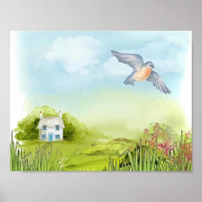 Affiche Oiseau bleu paisible et petite maison Paysage (Devant)