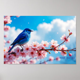 Affiche Oiseau bleu sur branche de fleurs de cerisier