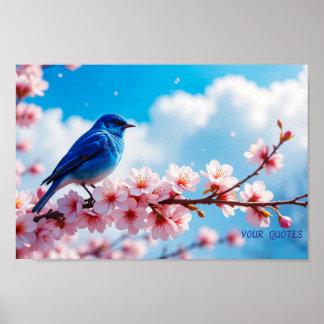 Affiche Oiseau bleu sur branche de fleurs de cerisier