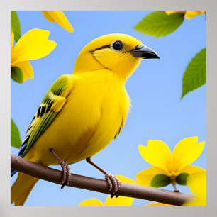 Affiche Oiseau chanteur jaune vif perché sur une branche