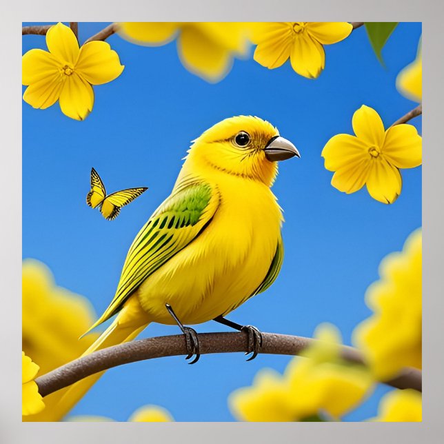 Affiche Oiseau chanteur jaune vif perché sur une branche (Devant)