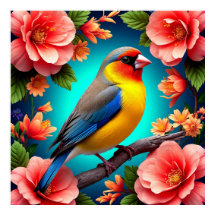 Oiseau chanteur perché parmi des fleurs éclatantes