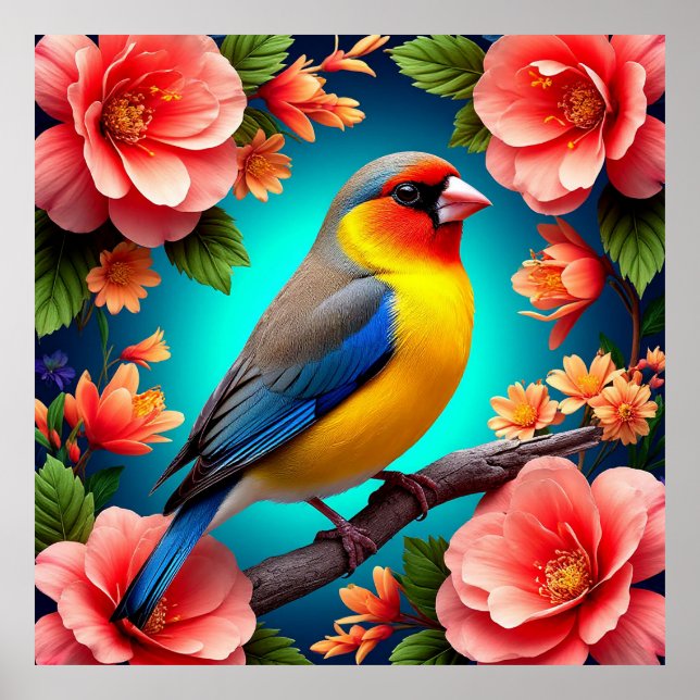 Affiche Oiseau chanteur perché parmi des fleurs éclatantes (Devant)