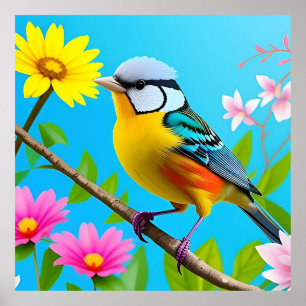 Affiche Oiseau chanteur vibrant perché sur une branche fle
