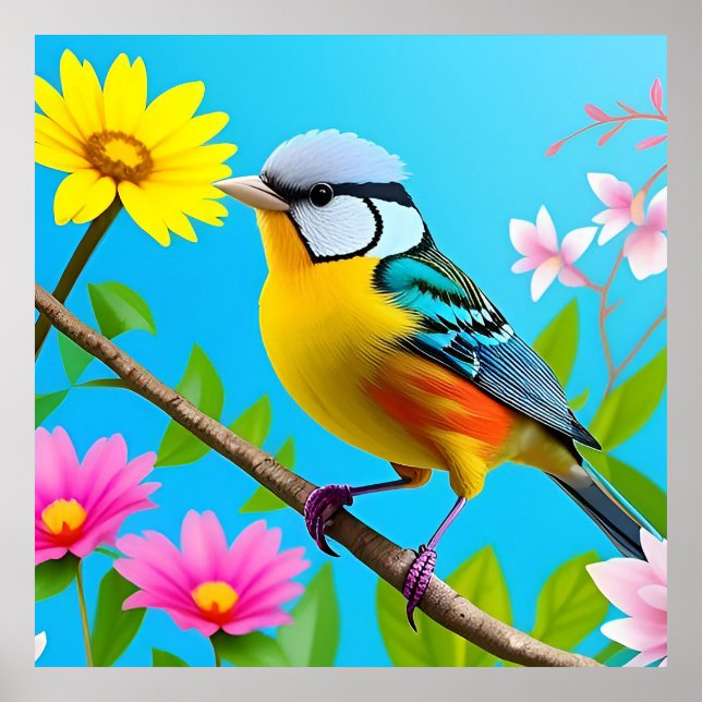 Affiche Oiseau chanteur vibrant perché sur une branche fle (Devant)