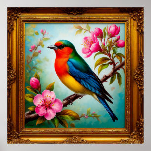 Affiche Oiseau chanteur vibrant sur branche fleurie