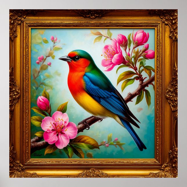 Affiche Oiseau chanteur vibrant sur branche fleurie (Devant)