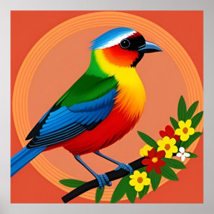 Affiche Oiseau Coloré Perché Parmi Des Fleurs Vibrantes